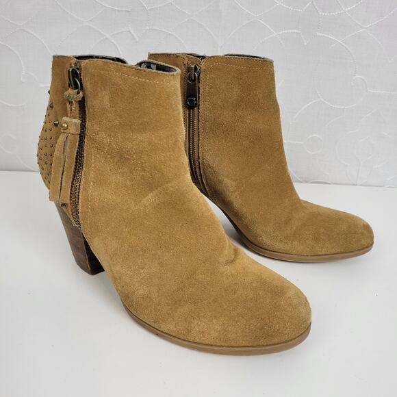 Guess Womens Boots Size 7.5 Tan Side Zip Almond Toe Studded Chucky Ankle Heel - Picture 4 of 12